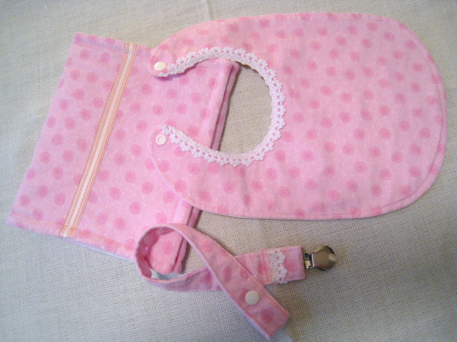 Burp Cloth, Bib and Pacifier Clip matching set for baby girl, burp cloth, pink bib for babies. pacifier holder.