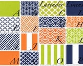 Crib bumper, crib skirt and crib sheet in orange, navy and green
