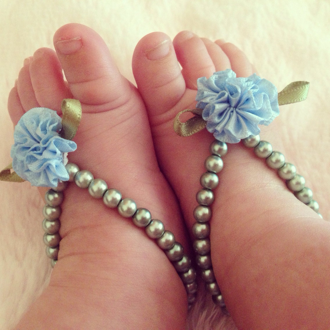 Baby barefoot sandals, baby girl, infant, baby shower gift,  baby shoes, new mom gift, baby jewelry, blue flower baby sandals