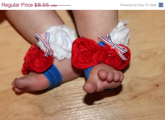 ON SALE Fourth 4th of July Baby Barefoot Sandals- Red White and Blue- Newborn Baby- Shabby chic flower- Photo Prop