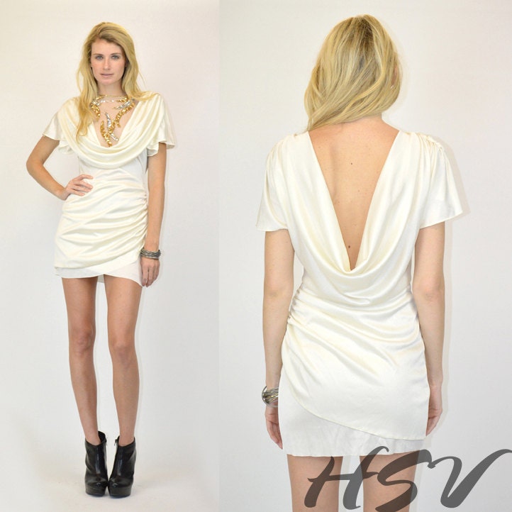 VTG 70s Disco Draped Low cut Back Gold sequins White Climax Cocktail Mini Dress