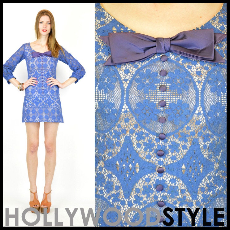 VTG 60s Mod Sheer Illusion Twiggy CROCHET LACE Tux Bow Boho Mini Dress