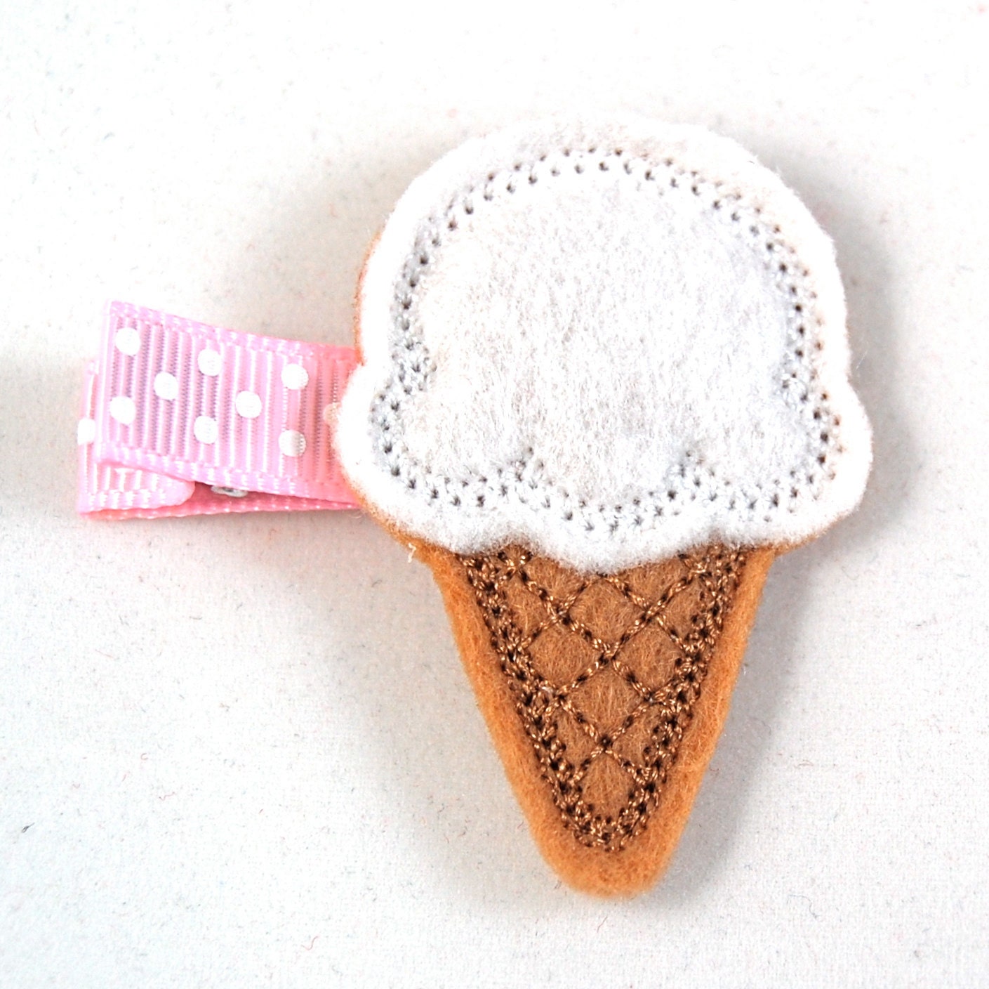 Ice Cream Cone Felt Hair Clip - White, Tan, Pink - Hair Accessory - Felt Hair Bow - Baby to Little Girl Hair Bow