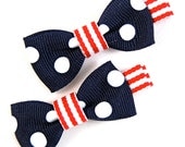 Set of Two - Bow Tie Style Hair Clips - Nautical Navy Polka Dot and Red Stripe - 4th of July Patriotic - Baby Toddler Girl Barrette