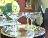 Vintage Champagne Coupe Glasses with Hollow Stems and Etched with Leaves - Set of 4