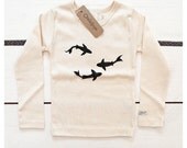 Black sharks - handprinted organic baby t-shirt with long sleeves