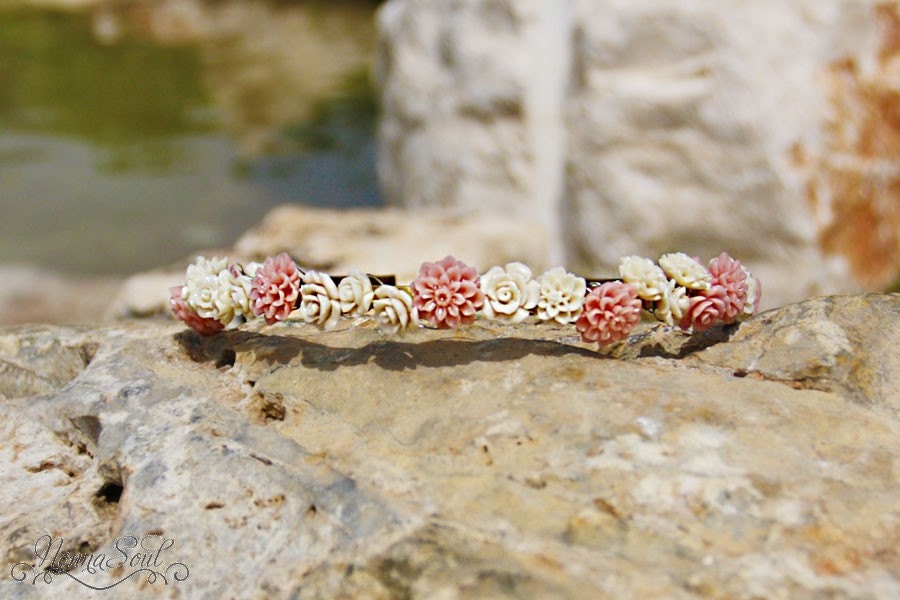 Cream and pink floral hair band, Bridal hair band, Flowers hair band, Coral hair band