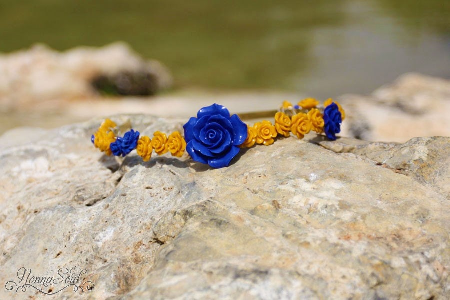 Blue and yellow flower hair band, Flower hair band, Floral headband