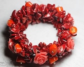 Coral bracelet, Coral stones and pressed coral flowers braided bracelet