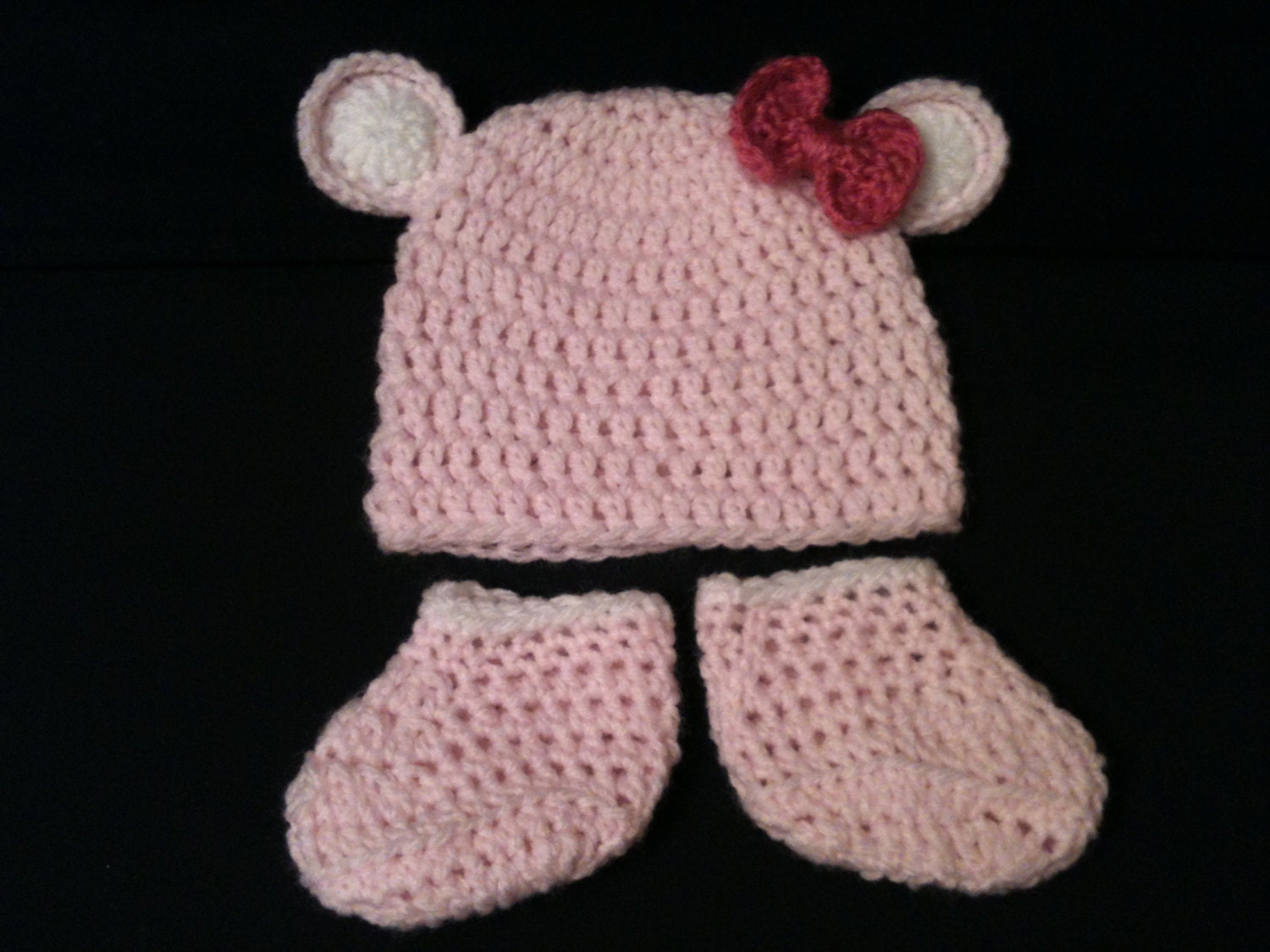 Light Pink Baby Bear Ear Beanie and Booties Set - Newborn to 3 months- Hand Crochet Baby Girl Bear Hat and Shoes