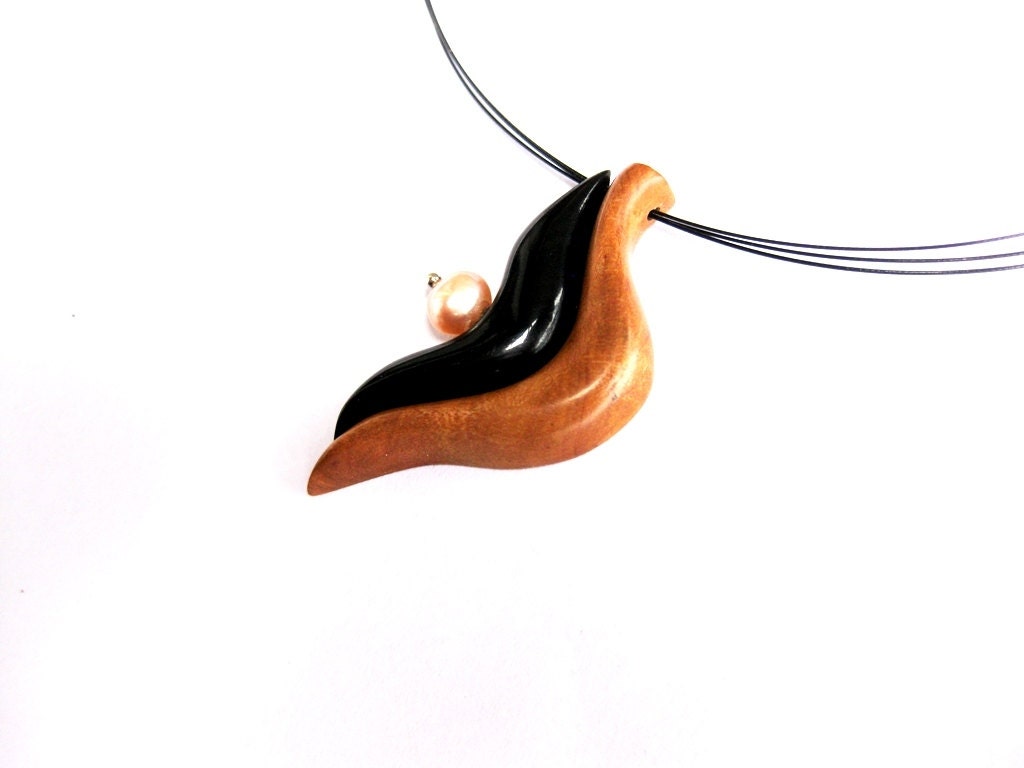 Exotic wood, buffalo horn and natural pink pearl necklace, natural buffalo horn necklace,wood , abstract pendant, art