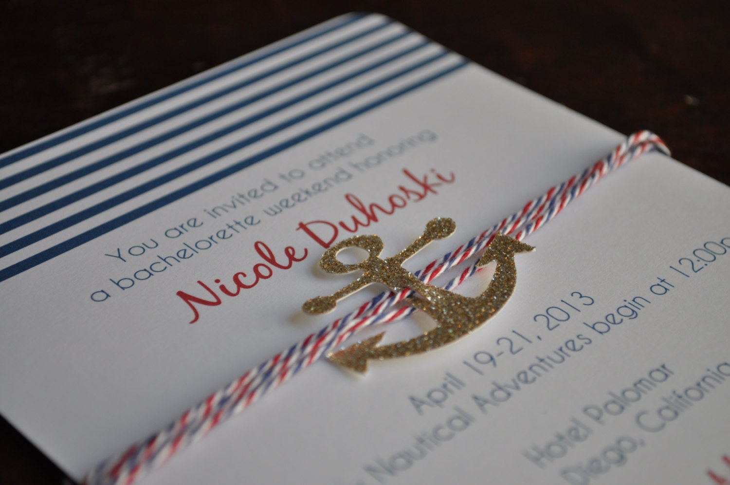 Nautical stripes, gold glitter anchor and red, white and blue bakers twine - birthday, shower, wedding, bachelorette sailor party invitation