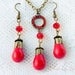 Poppy Red Jewelry Set Earrings Necklace Red Crystal Circle Stone Turquoise and Bronze