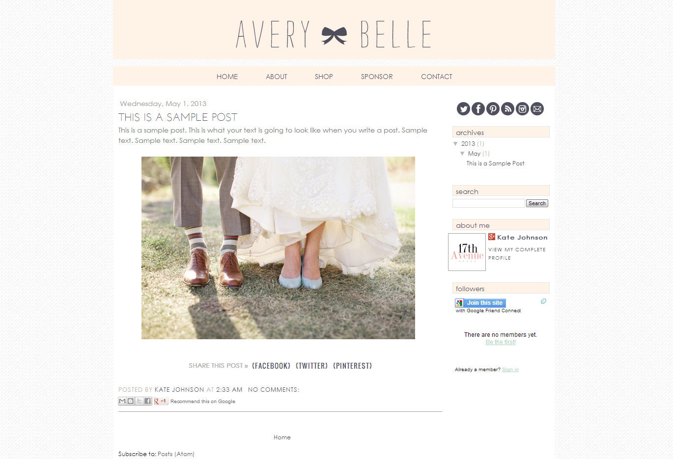 Blogger Premade Template Design - "Avery Belle" Instant Digital Download