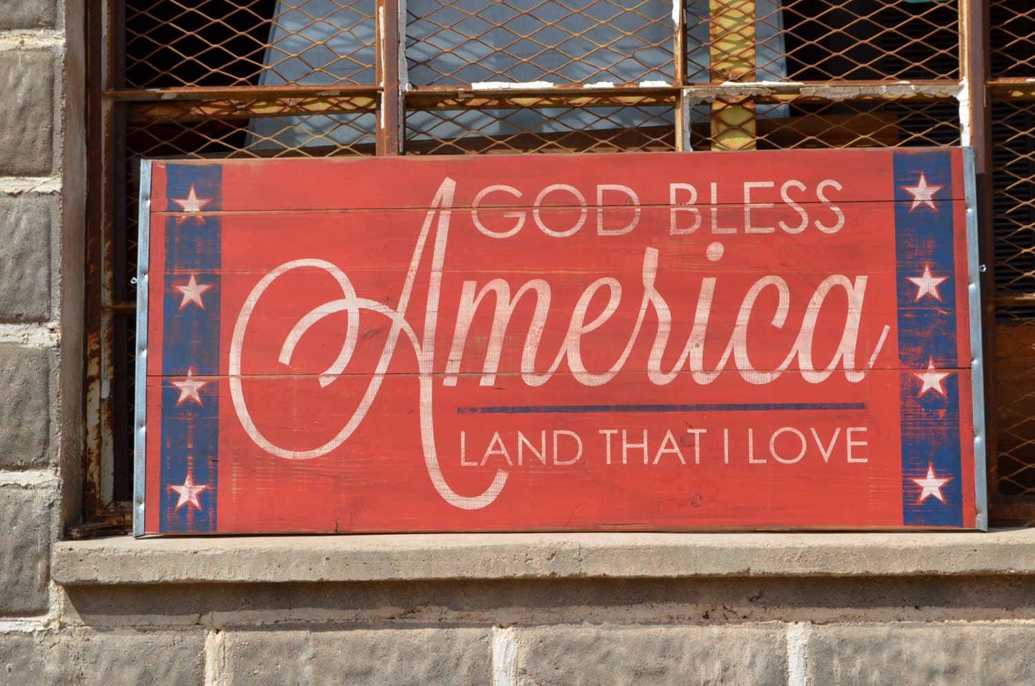Large Distressed Wood Word God Bless America 4th of July Patriotic Holiday Sign Salvaged Architectural Vintage Feel