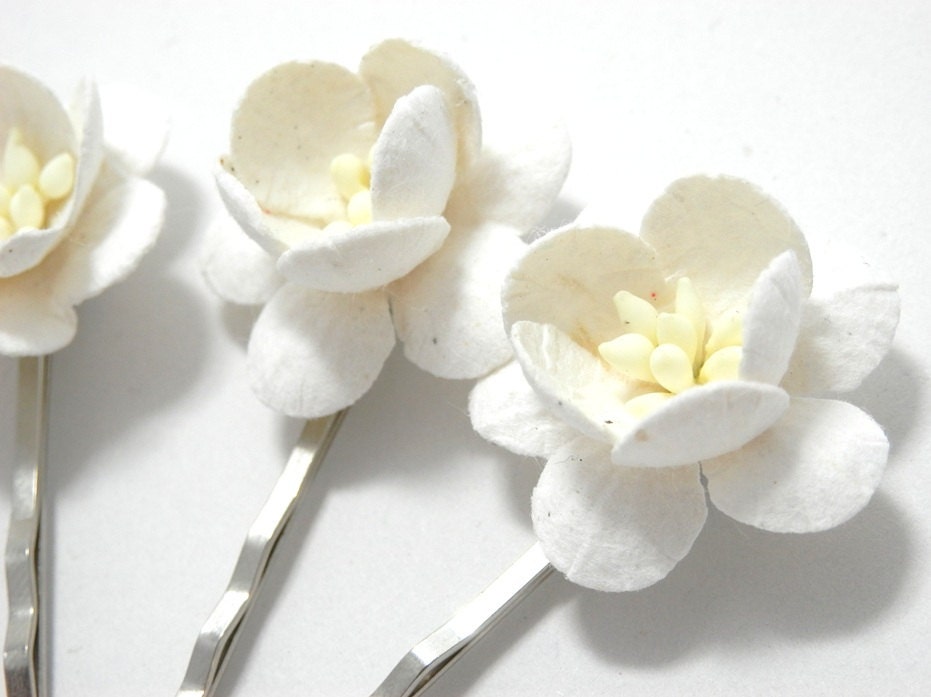 White Cherry Blossom Pins Set of Four Flower Bobby Grips Wedding Hair Accessory