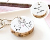 PERSONALIZED Couple Keychain Llama Cute Drawing Love Heart Handmade Custom Wood Keyring Fun Unique Gift Women Men Reclaim ECO FRIENDLY Round