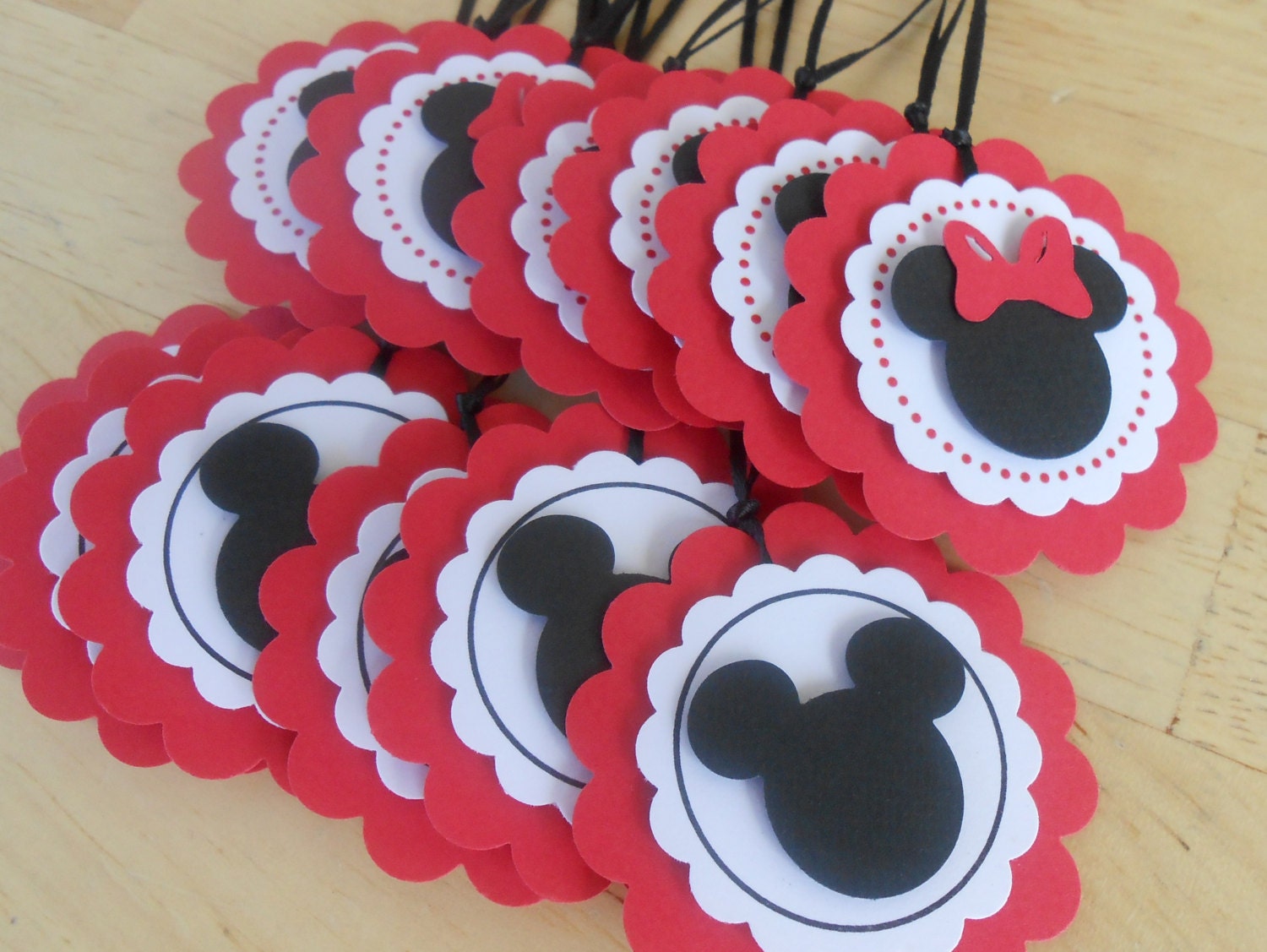 12 -Minnie Mouse with RED & Mickey Mouse Inspired Cupcake Topper OR Party Favor Tags  - Handmade, Modern and Elegant