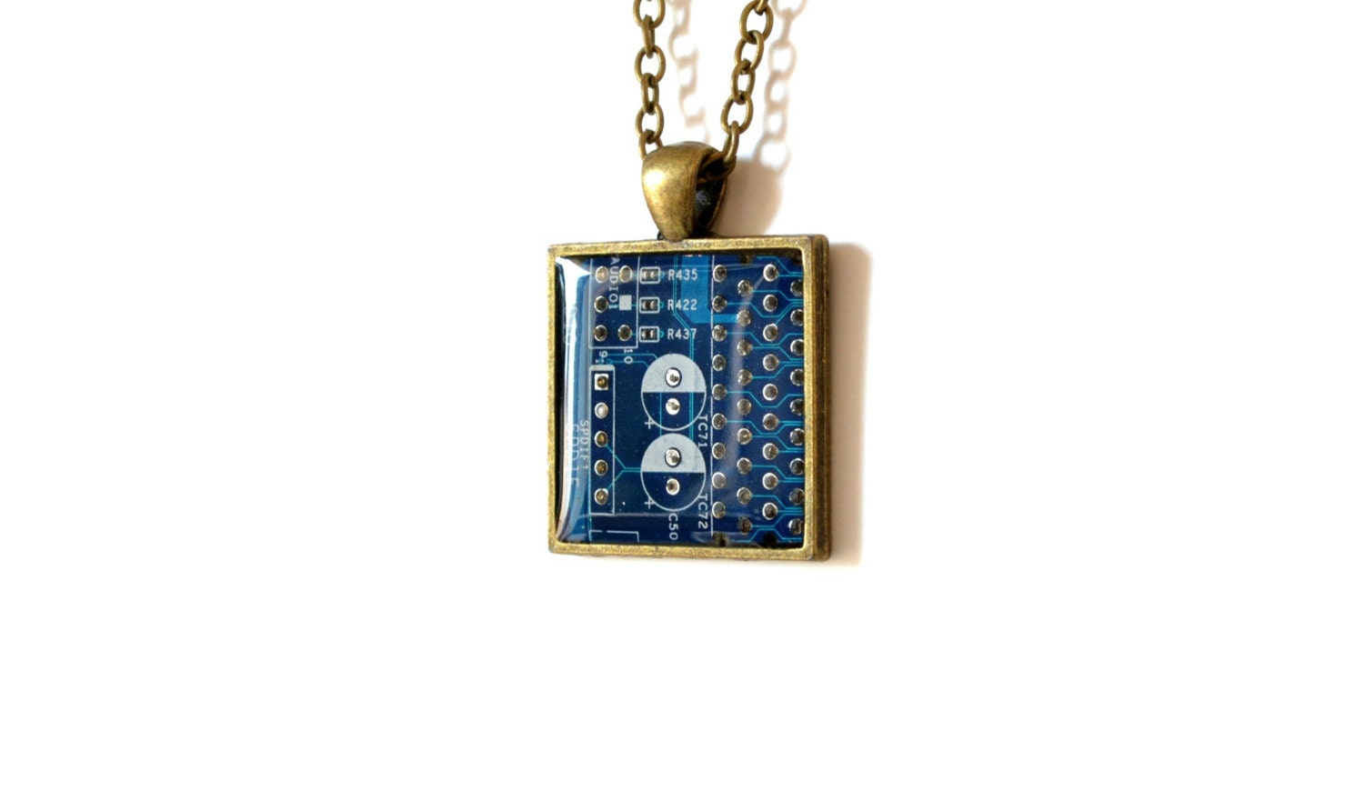 circuit board necklace, geekery necklace, valentine's day, geometric necklace, blue necklace, upcycled, computer part jewelry, square