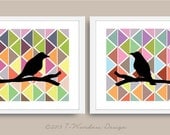 Geometric Art Black Birds SET of 2 // 10 x 10's // Brown Aqua Lime Yellow Burnt Seafoam Multi Wall Art Modern Home Decor