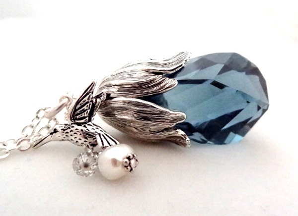 Silver Blue Swarovski Crystal Pendant with Hummingbird Freshwater Pearl Charm Handmade Long Nature Necklace