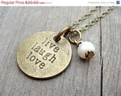 ON SALE LIVE Laugh Love Bronze  White Freshwater Pearl Crystal Bead Necklace Pendant Wire Wrap Handmade Jewelry