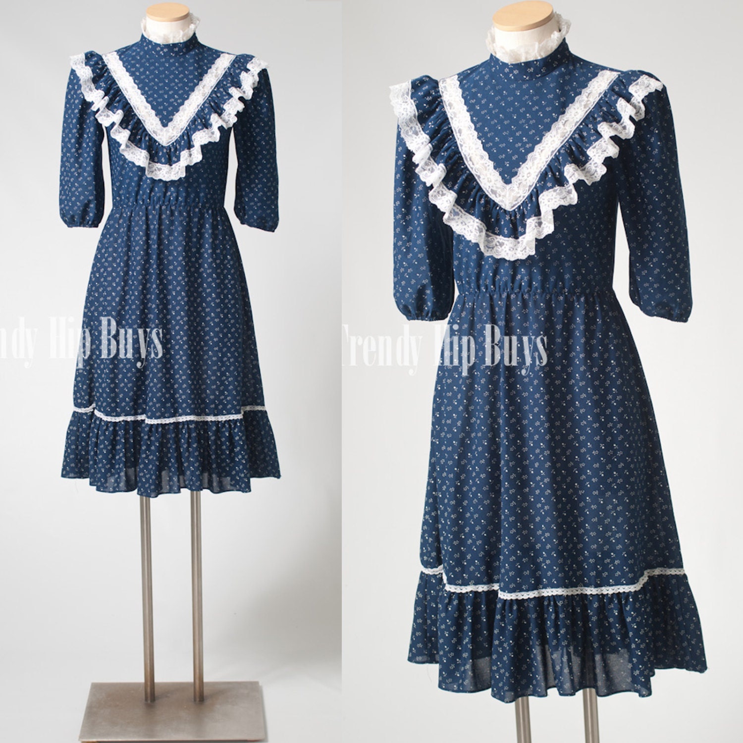 Vintage 80s Blue White swiss dot Babydoll Summer Dress - S/M