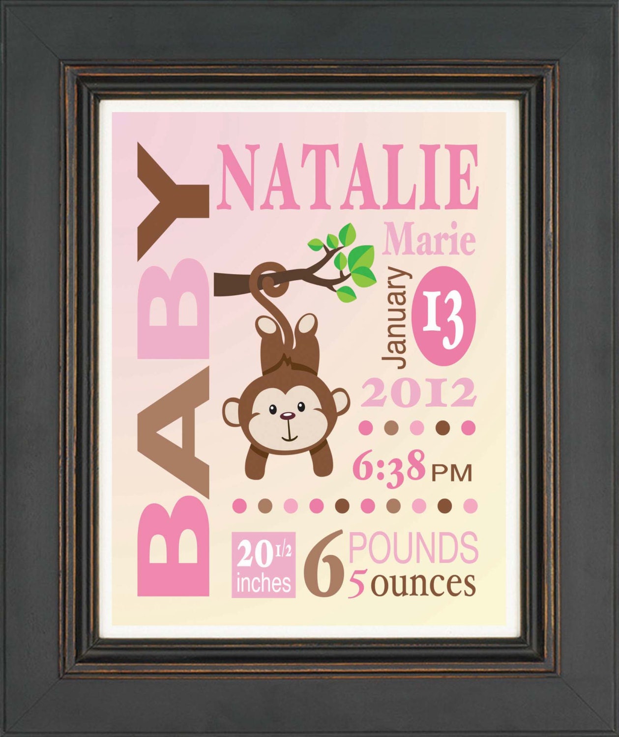 Baby Girl Birth Announcement Print- Personalized Nursery Wall Art - Great Gift for New Mom- Monkey Theme Nursery - Colors can be changed