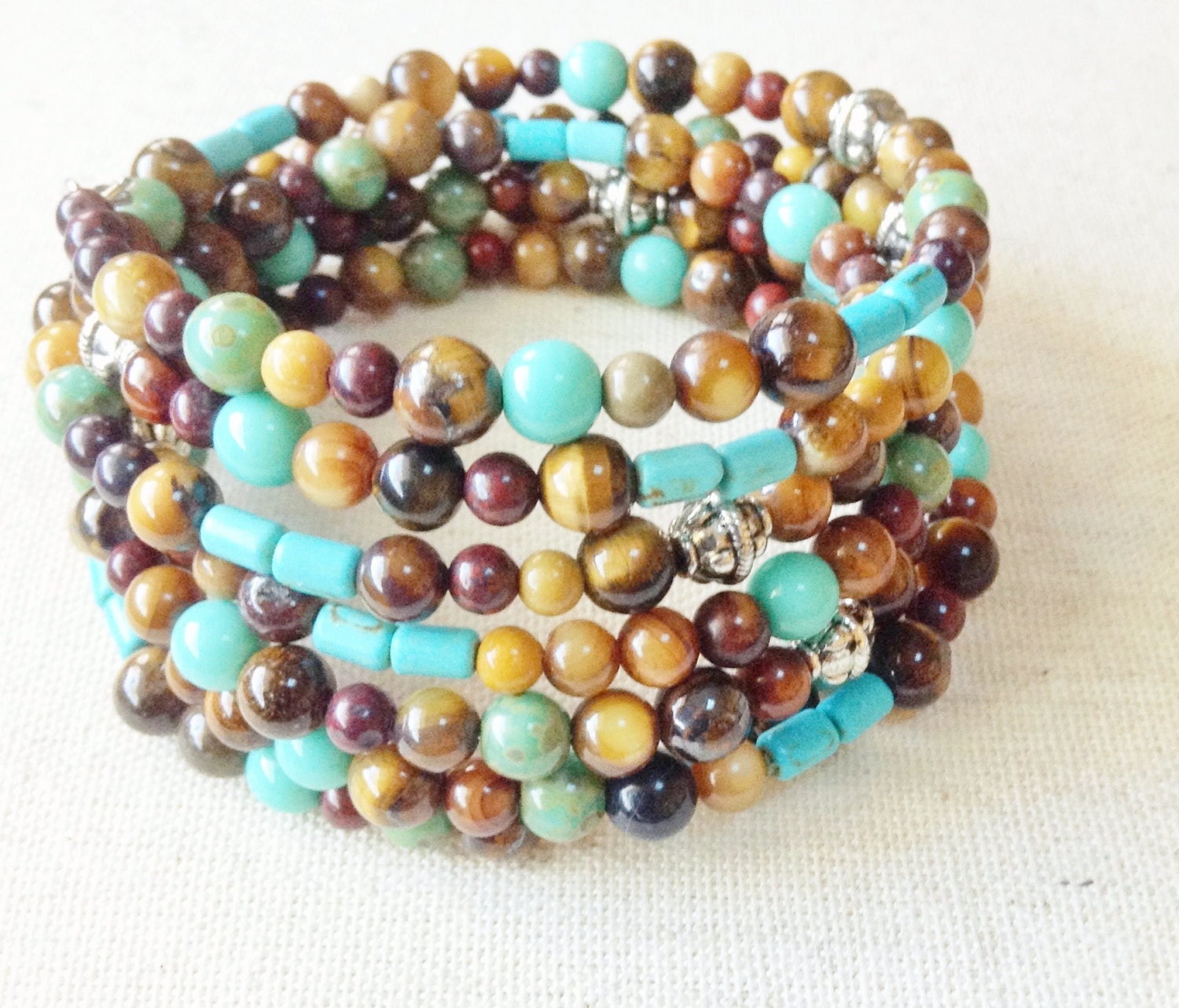 Memory Wire Beaded Bracelet Blues, Aqua and Browns