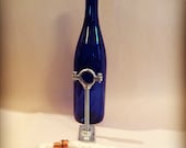 Cobalt Blue Wine Bottle Tiki Torch Lantern Silver Mount- Tiki Torch, Hurricane Lamp, Night Light, Hanging Lantern, Oil Lamp