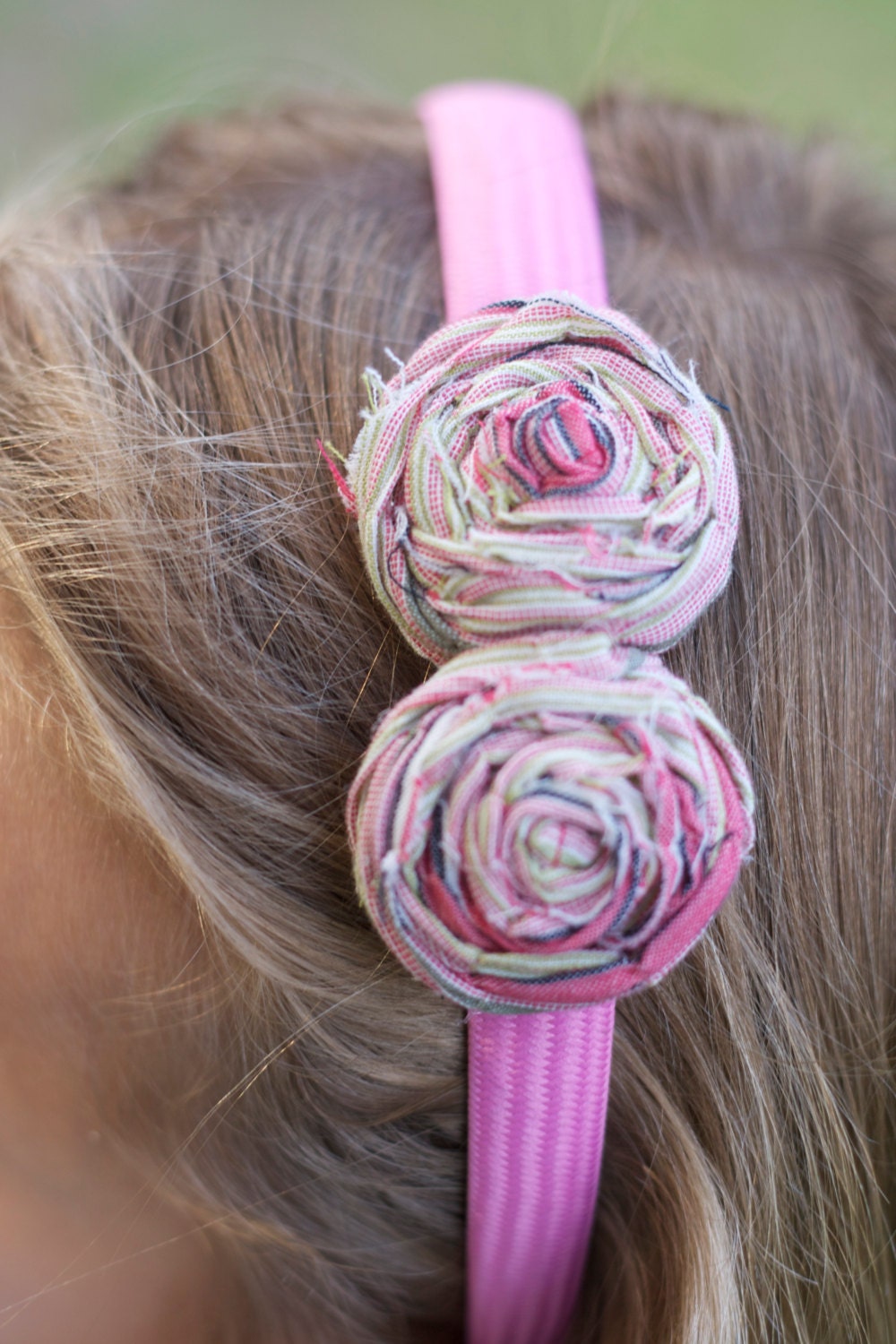 vintage inspired upcycled children flower hair piece headband photo prop pink gray stripe hair clip fabric flower flower girl