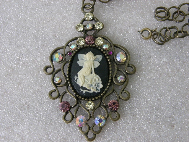 Faery necklace, accessory with cameo and sparkly stones in ornate frame... Handmade forest faery statement jewelry