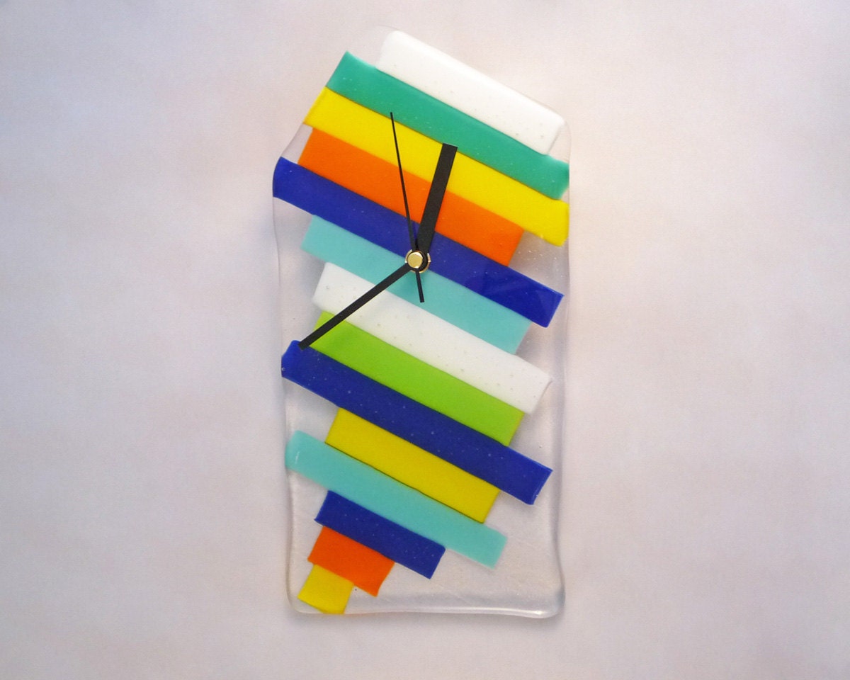 Colour Bands Wall Clock Fused Glass Blue,Yellow,Green,Orange,White,Teal and Turquoise Bands on Clear Finished with Black Metal Hands Gift