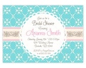 Bridal Shower Invitation - Simple Turquoise Blue Floral, Pink and Lace Personalized Bridal Shower Party Invite - a Digital Printable File
