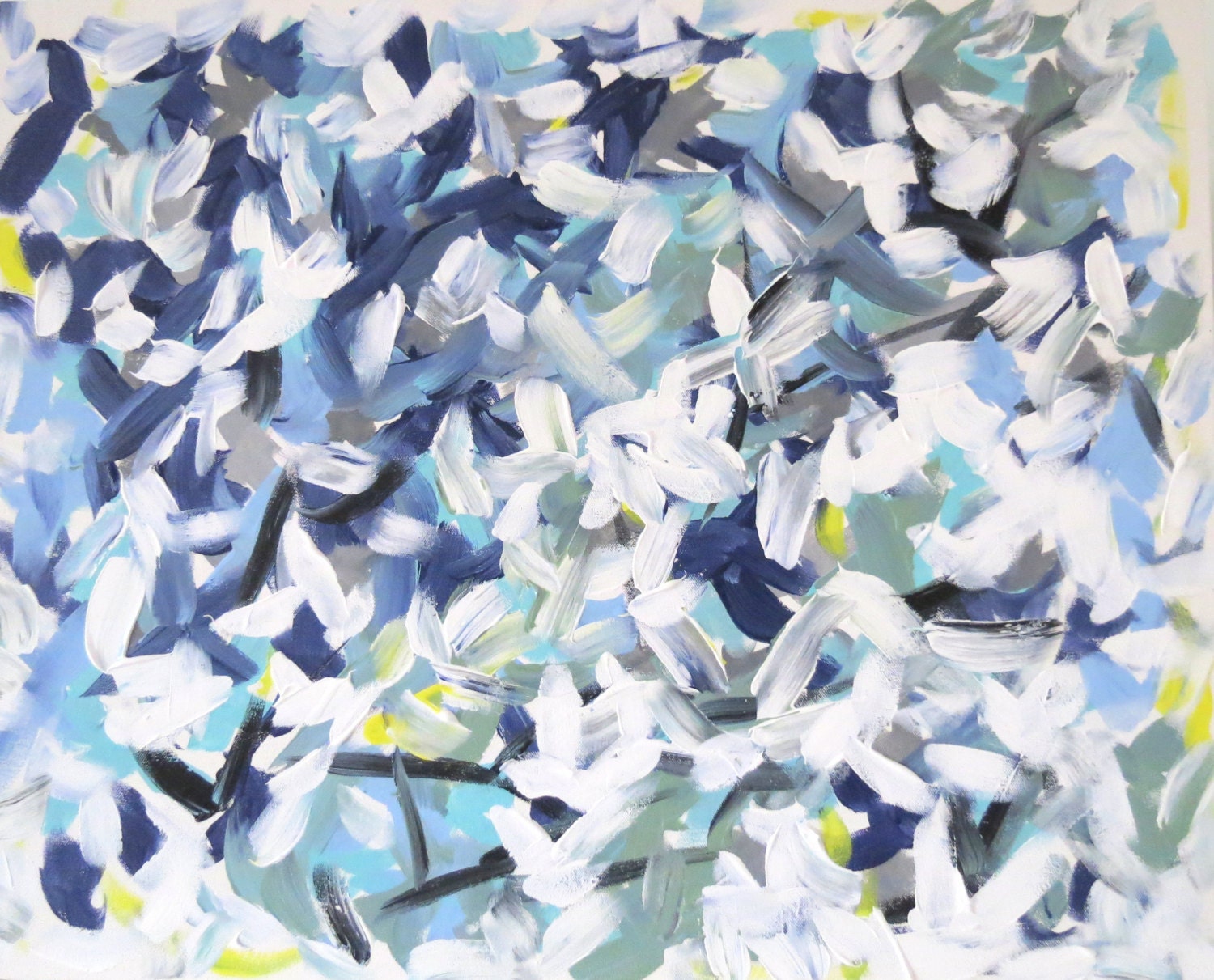 Original Large Abstract Painting "Wings of Flight" 24"x30" Navy, Blues, Gray, Sage Green, Black and Hint of Yellow