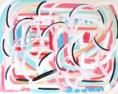 Large Original Abstract Painting "Carousel" 30x40 Pinks, Pale Turquoise, Aqua, Blue, Gold, Pale Yellow, Black, White