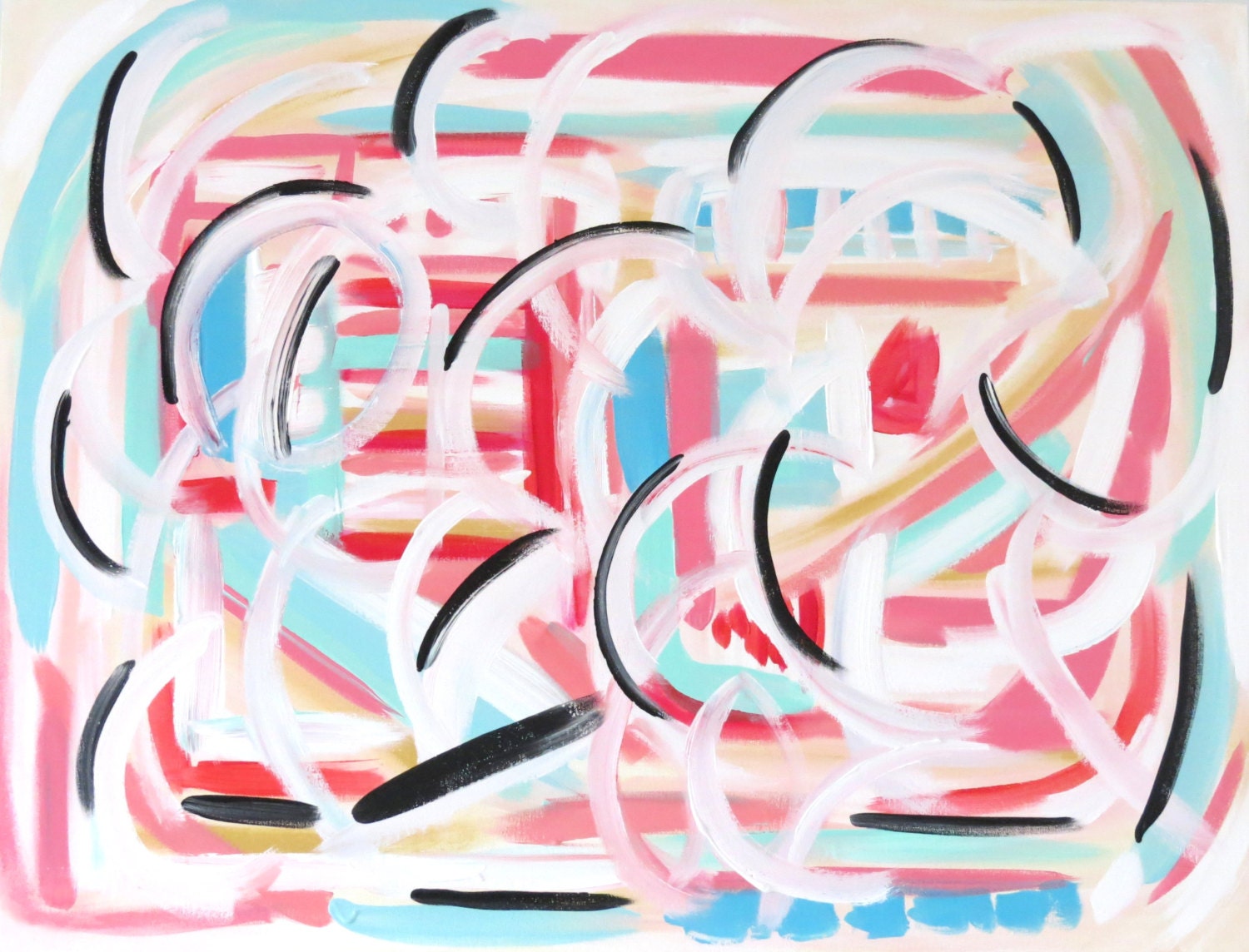 Large Original Abstract Painting "Carousel" 30x40 Pinks, Pale Turquoise, Aqua, Blue, Gold, Pale Yellow, Black, White