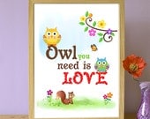 Printable Nursery Owl Theme Wall Art Decor  - Owl you need is love - Swirly Tree. Flowers. Squirrel. Butterfly.