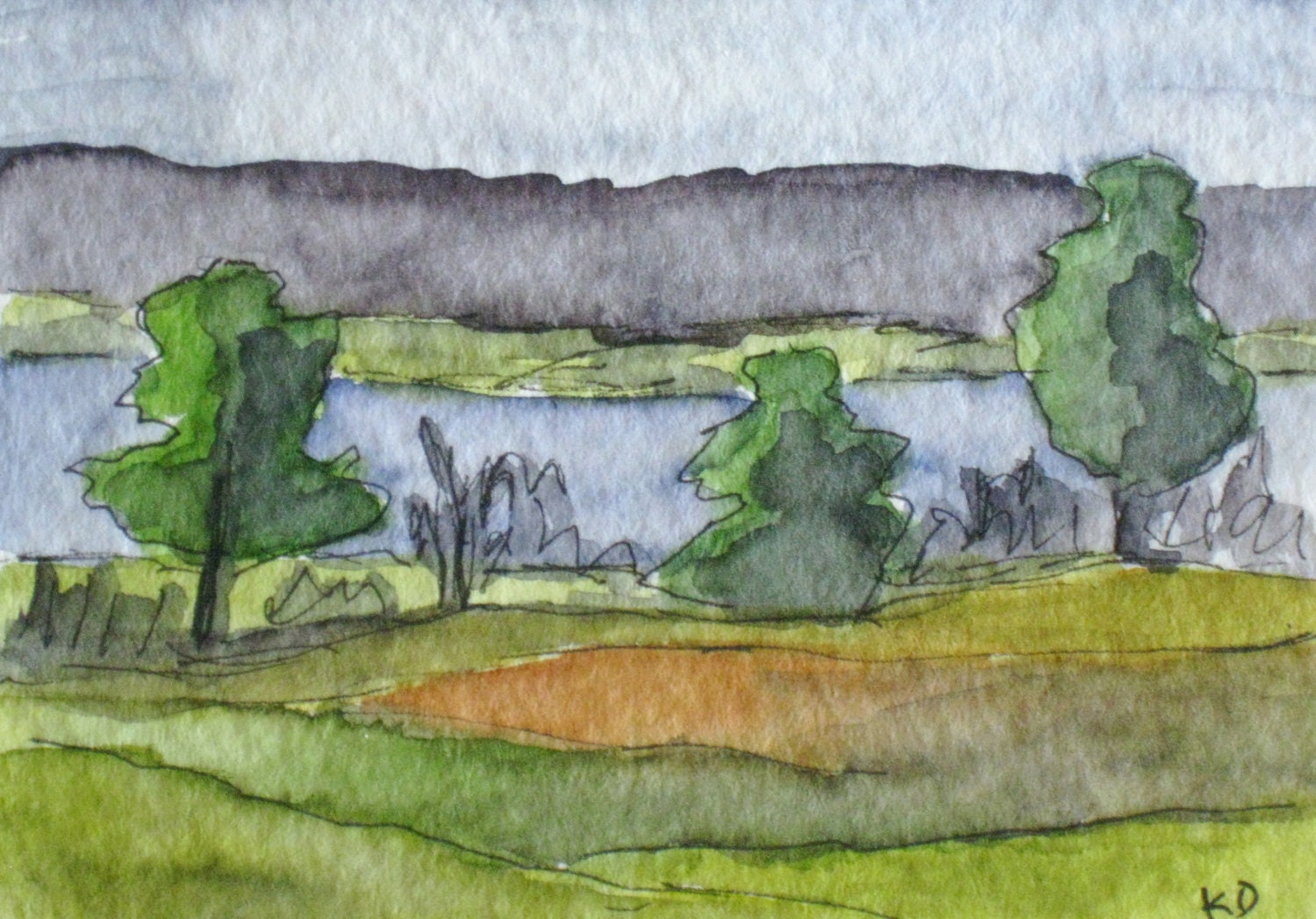 Maine Landscape Painting. Original Plein Air Watercolor with pen and ink by Kathleen Daughan, "The Meadow"", ACEO Art