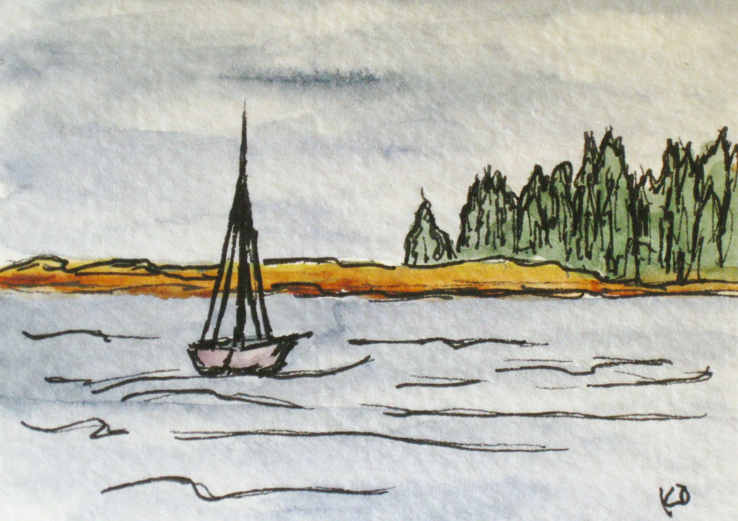 Maine Watercolor Painting "Sailing",  Boothbay Harbor, Maine. Seascape. Pen & ink ACEO. Original Art by Kathleen Daughan.