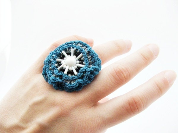 Blue and gray crochet rings with black and white beads - spikycake