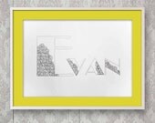 Hand Drawn Name Art, Personalized Letters Typography, Quirky Guy Gift, Original Nursery Art, Wave Design, Leaf Design, Black and White Ink