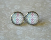 Open Heart Earrings, Fake Plugs, Large Studs, Heart Jewelry, Posts, Glass Cabochon, Summer Jewelry, Pink Blue Gray, Silver