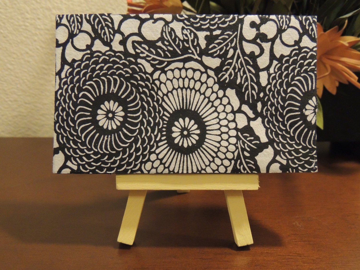 Black and White Flowers on Mini Canvas with Light Yellow Easel, Flower Art, Painted Flowers