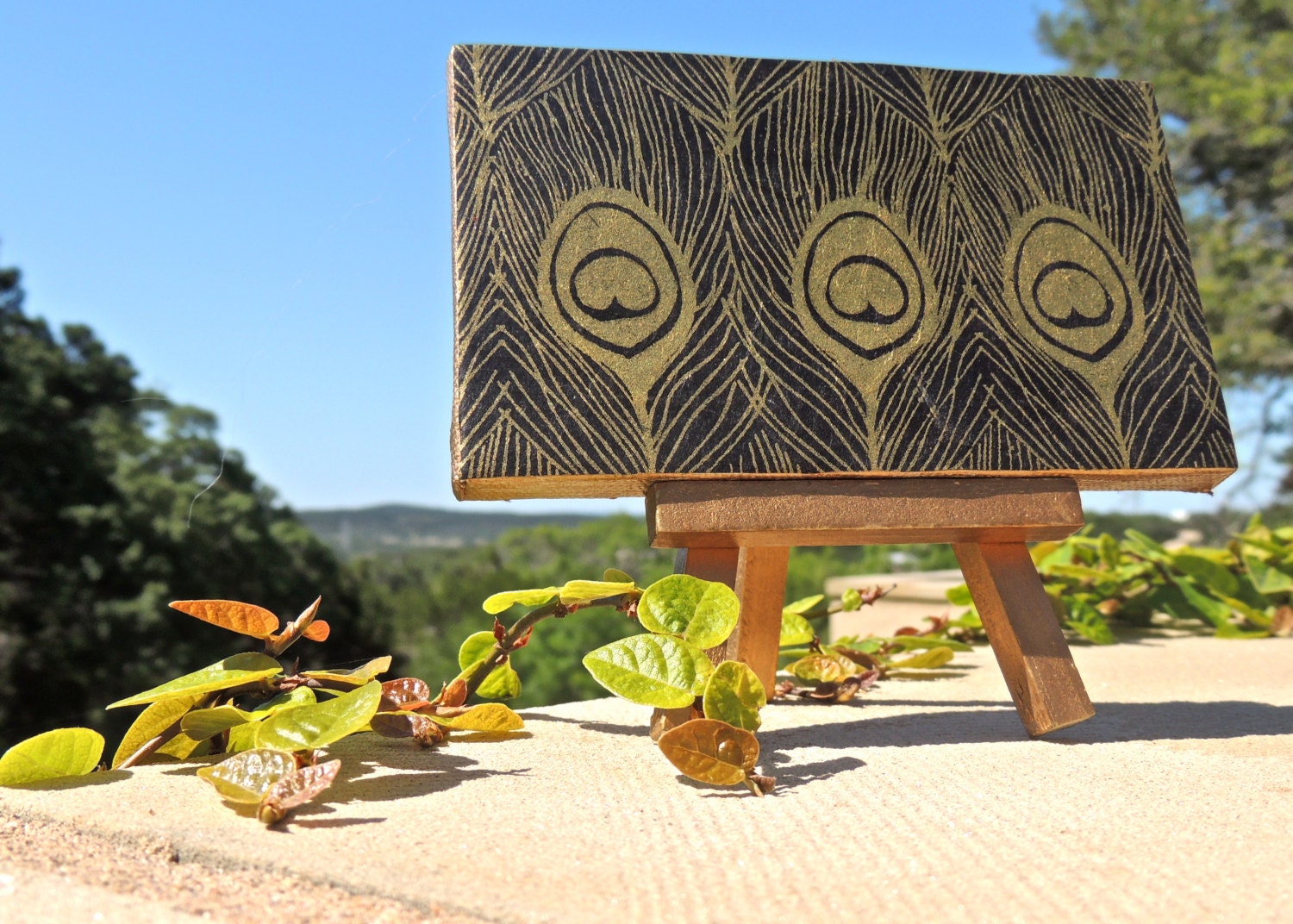 Peacock Feathers on Black Background Mini Canvas with Gold Easel, Peacock Feather, Feather, Mini Easel