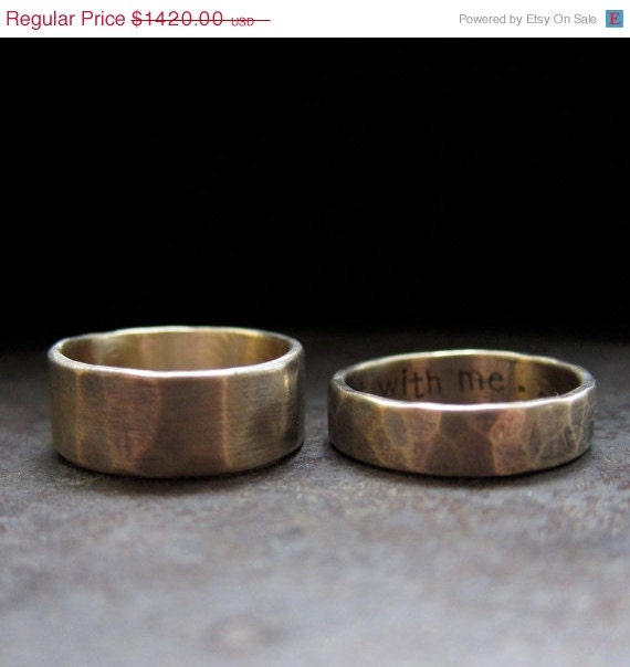 10% OFF 14k yellow gold custom rustic wedding band set, 8 mm and 5 mm
