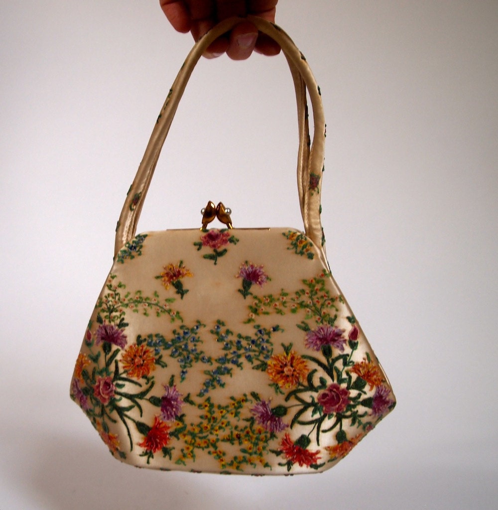 Vintage 1950s handbag by Waldybag with hand painted floral design on white silk, made in Britain