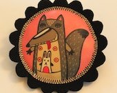 Big bad wolf felt brooch, illustrated and handprinted