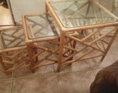Vintage Rattan Faux Bamboo 3 Nesting Tables Chinese Chippendale Chinoiserie Hollywood Regency Mid Century Modern
