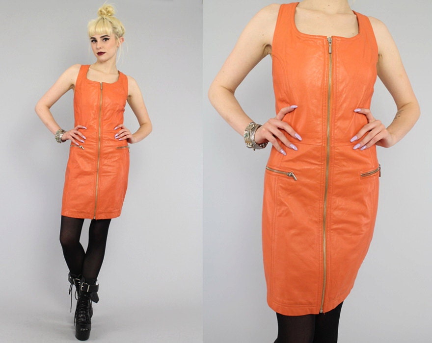 Vtg 80s Peach Leather Biker Bandage Zip Up Mini Dress M-L